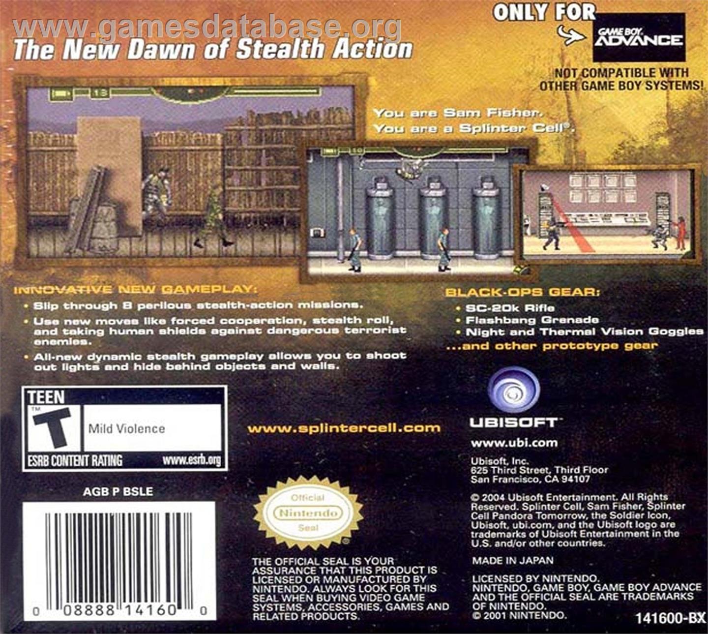 Tom Clancy's Splinter Cell - Pandora Tomorrow - Nintendo Game Boy Advance - Artwork - Box Back