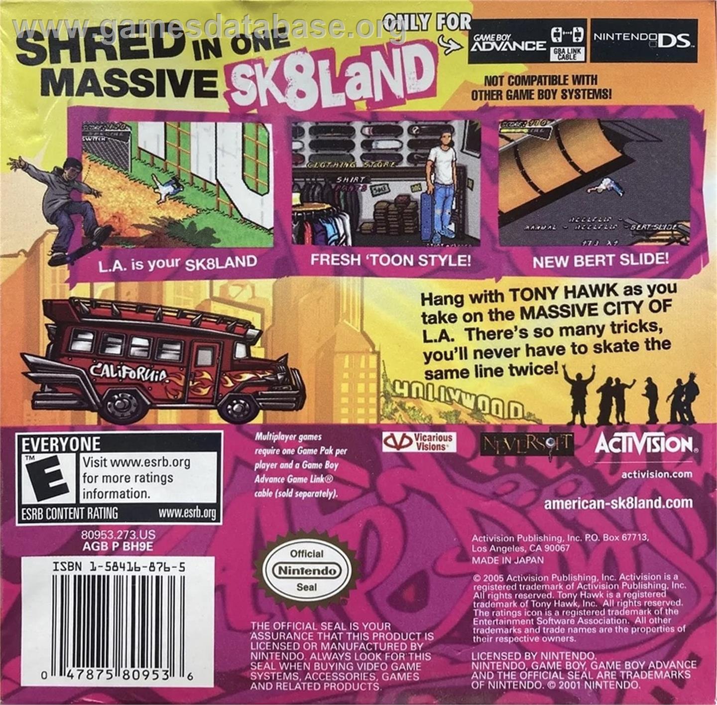 Tony Hawk's American Sk8land - Nintendo Game Boy Advance - Artwork - Box Back