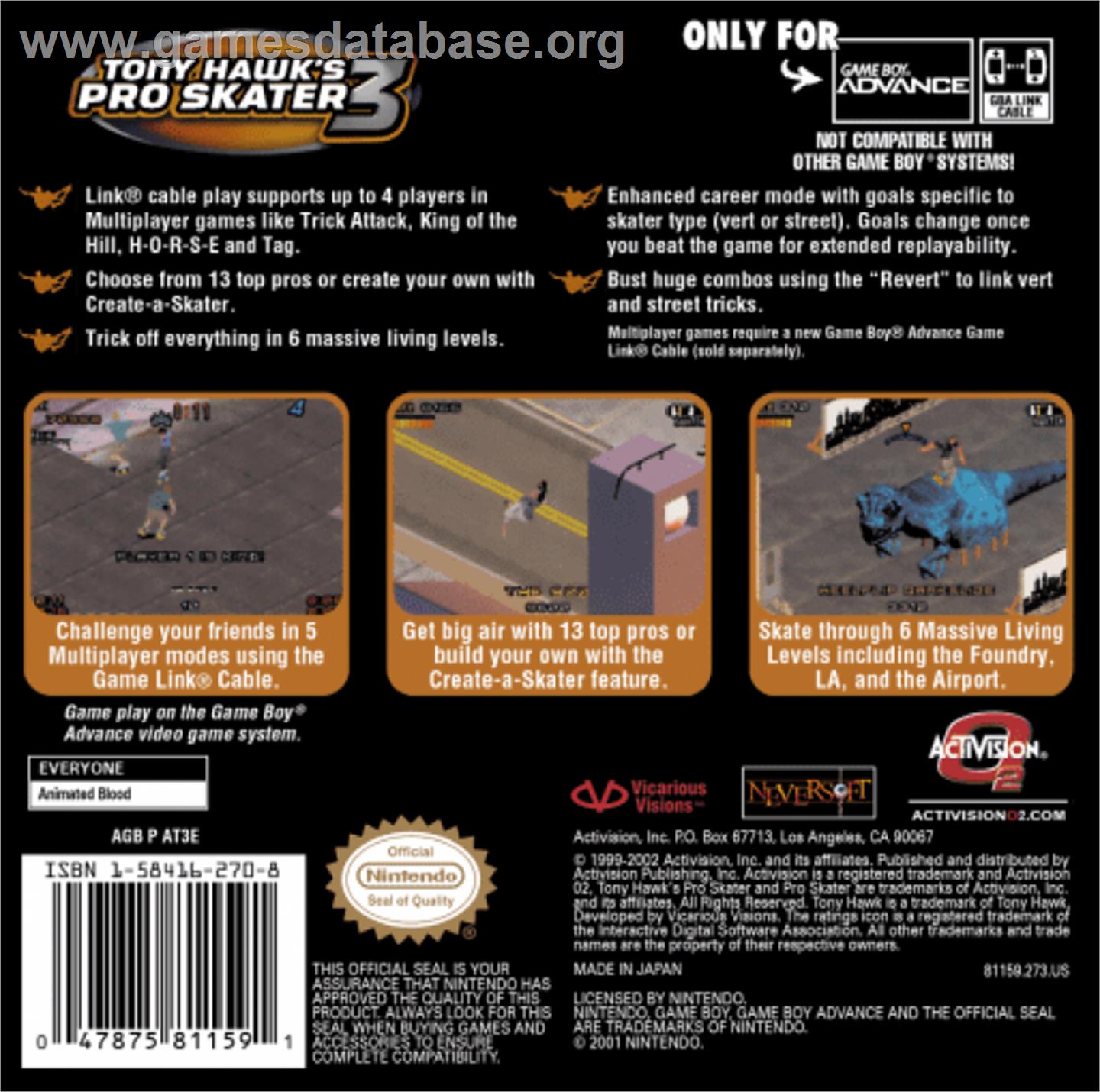 Tony Hawk's Pro Skater 3 - Nintendo Game Boy Advance - Artwork - Box Back