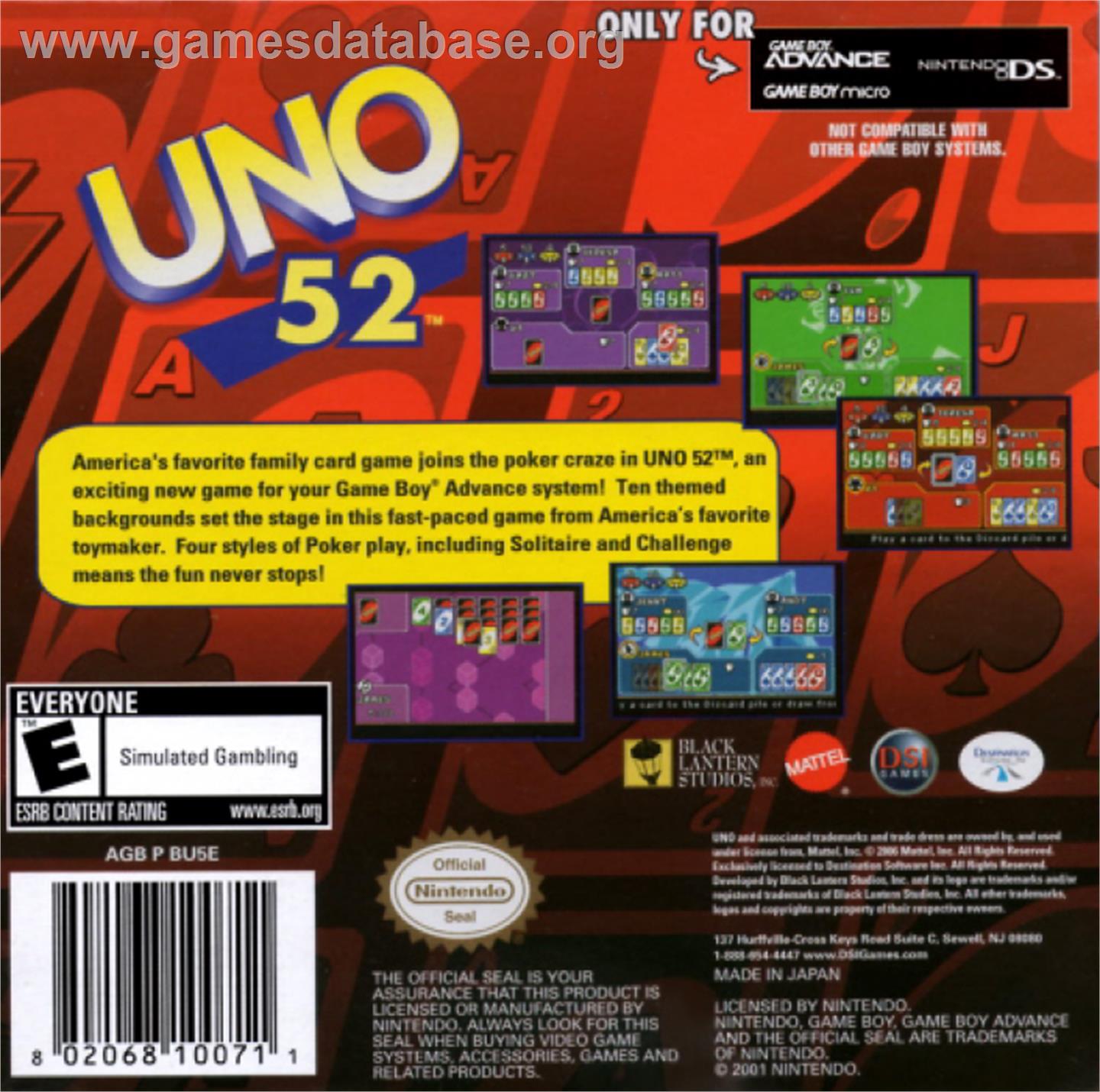 Uno 52 - Nintendo Game Boy Advance - Artwork - Box Back