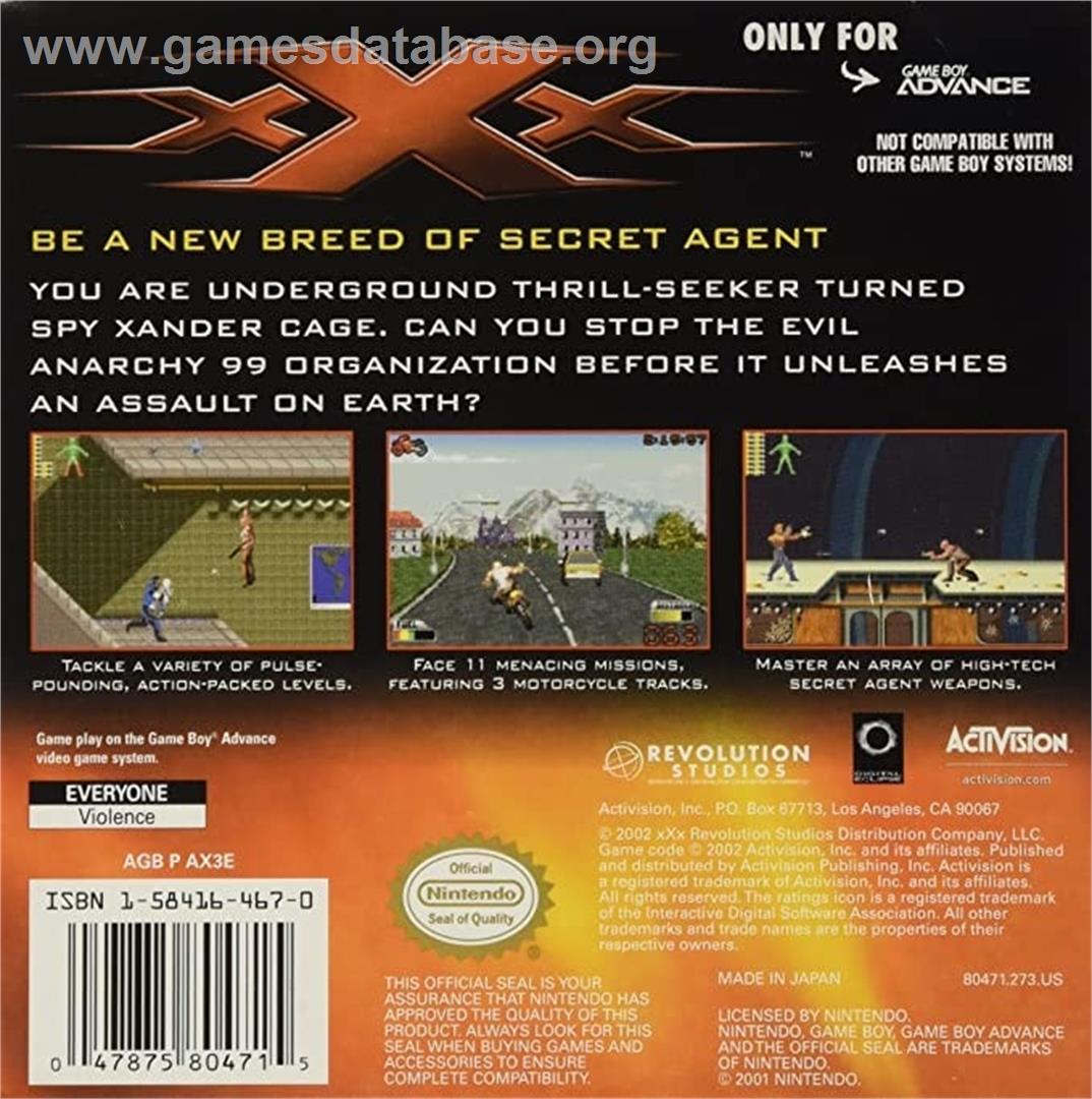 xXx - Nintendo Game Boy Advance - Artwork - Box Back