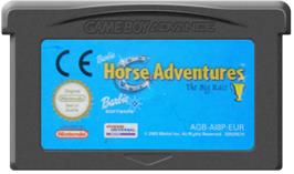 Cartridge artwork for Barbie Horse Adventures: Blue Ribbon Race on the Nintendo Game Boy Advance.