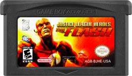 Cartridge artwork for Justice League Heroes - The Flash on the Nintendo Game Boy Advance.