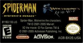 Top of cartridge artwork for 2 in 1: Spider-Man: Mysterio's Menace & X2: Wolverine's Revenge on the Nintendo Game Boy Advance.