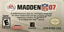 Top of cartridge artwork for Madden Nfl 07 on the Nintendo Game Boy Advance.
