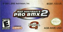 Top of cartridge artwork for Mat Hoffman's Pro BMX 2 on the Nintendo Game Boy Advance.
