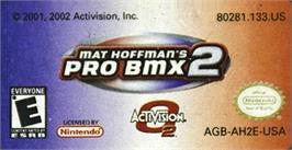 Top of cartridge artwork for Mat Hoffman's Pro Bmx 2 on the Nintendo Game Boy Advance.