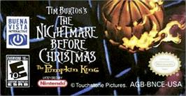 Top of cartridge artwork for Tim Burton's The Nightmare Before Christmas: The Pumpkin King on the Nintendo Game Boy Advance.