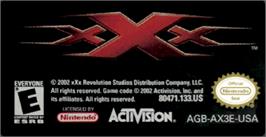 Top of cartridge artwork for xXx on the Nintendo Game Boy Advance.