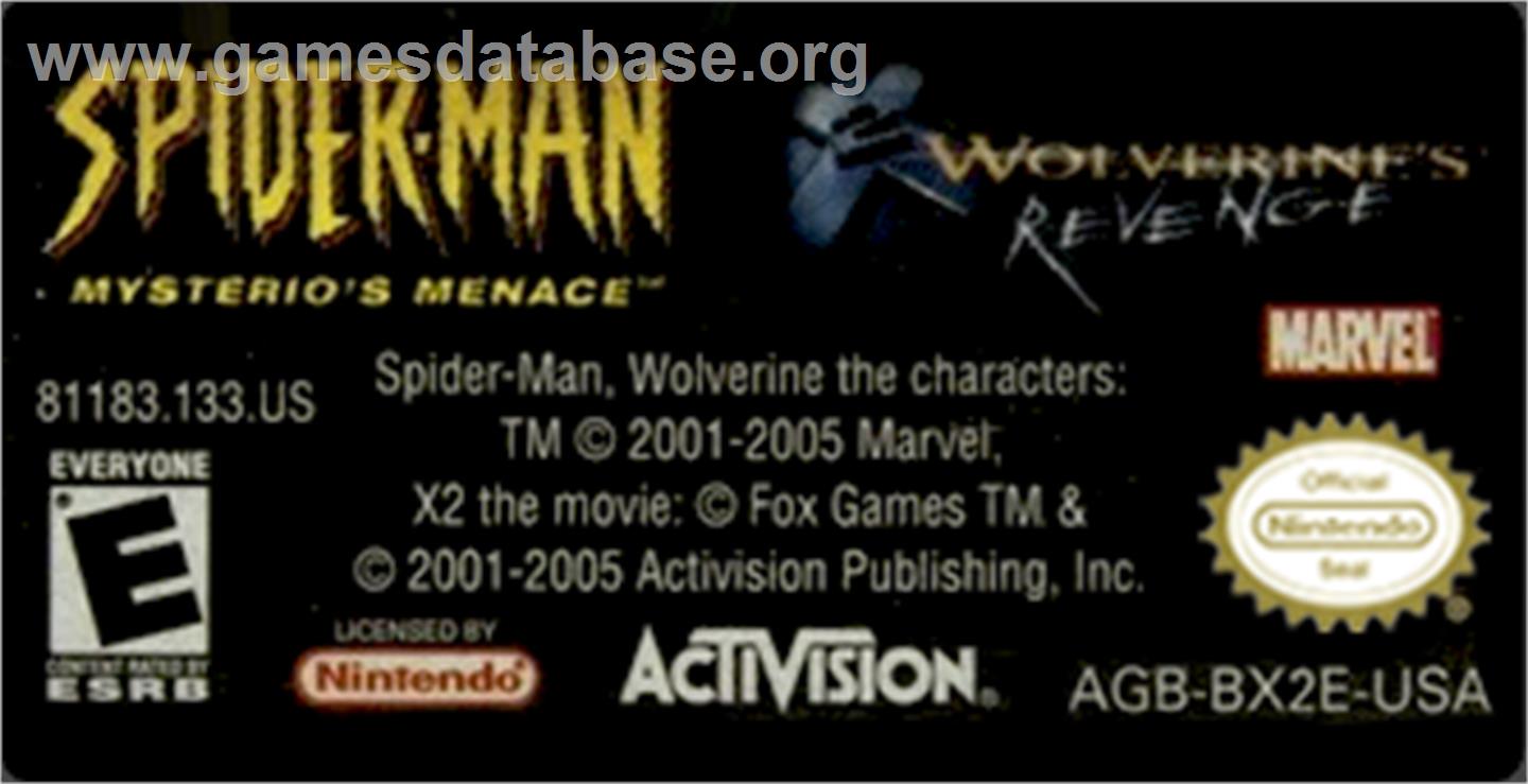 2 in 1: Spider-Man: Mysterio's Menace & X2: Wolverine's Revenge - Nintendo Game Boy Advance - Artwork - Cartridge Top