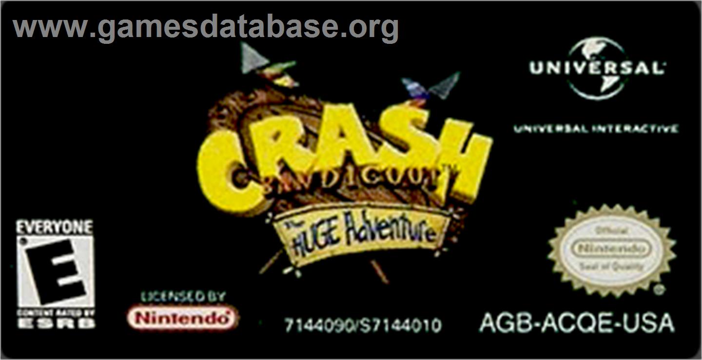 Crash Bandicoot: The Huge Adventure - Nintendo Game Boy Advance - Artwork - Cartridge Top