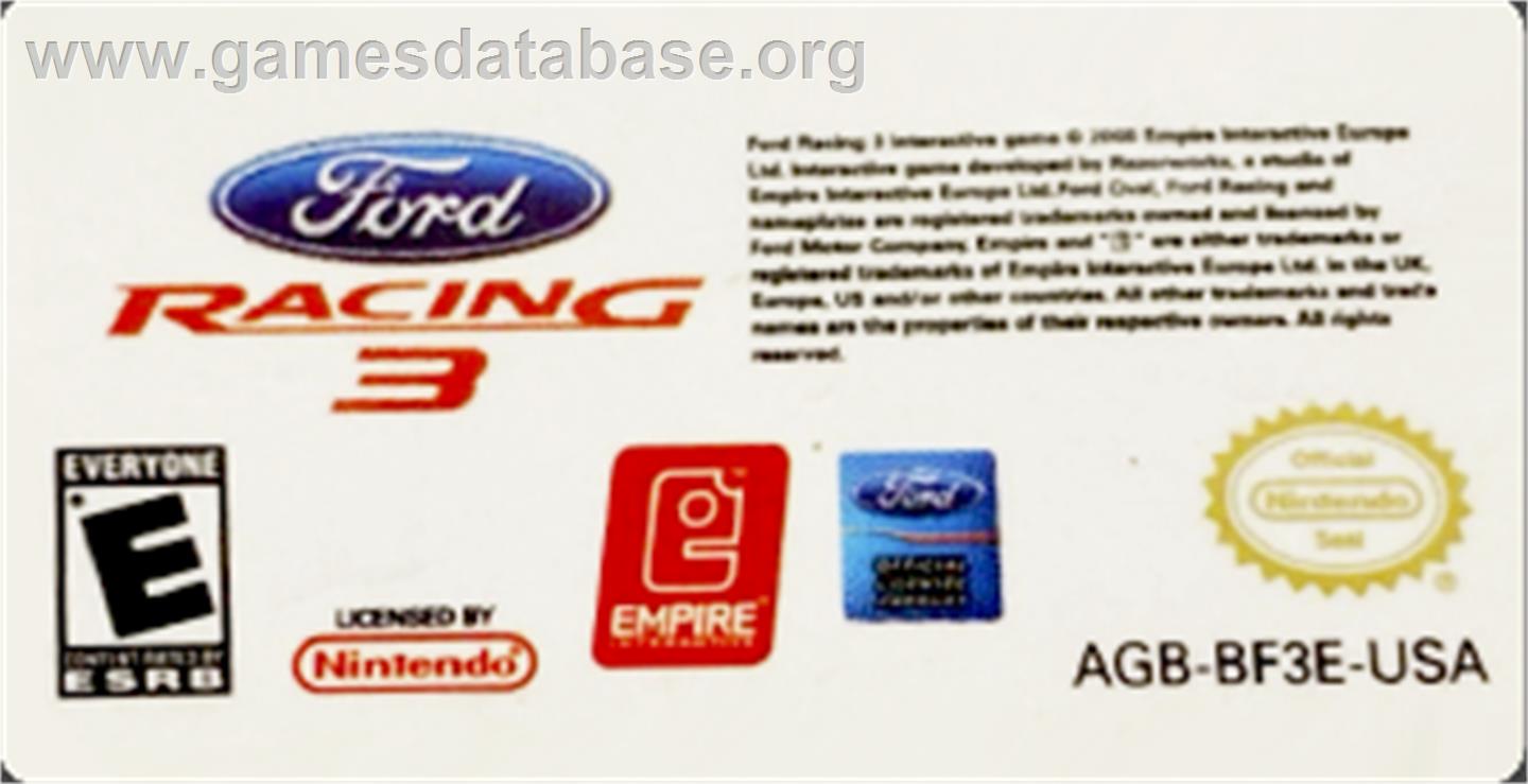 Ford Racing 3 - Nintendo Game Boy Advance - Artwork - Cartridge Top