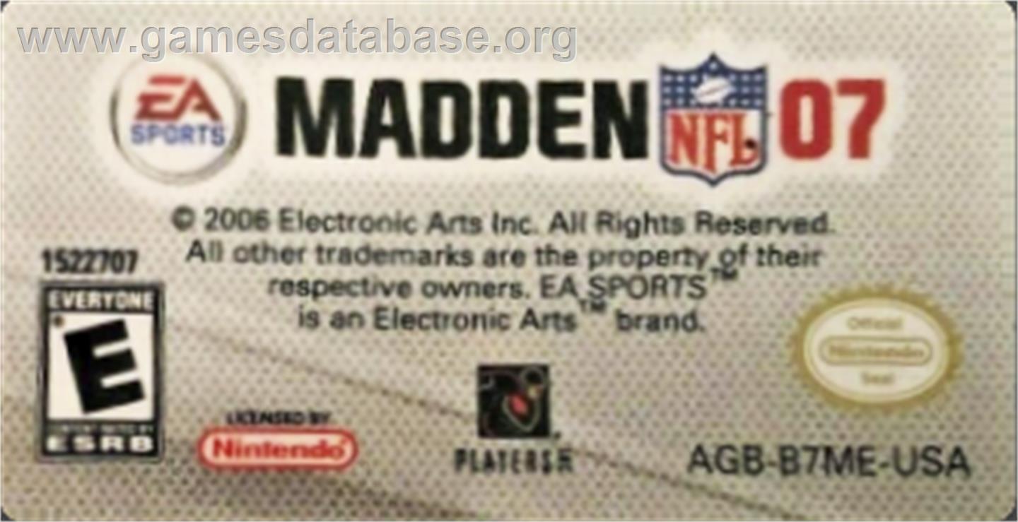 Madden Nfl 07 - Nintendo Game Boy Advance - Artwork - Cartridge Top