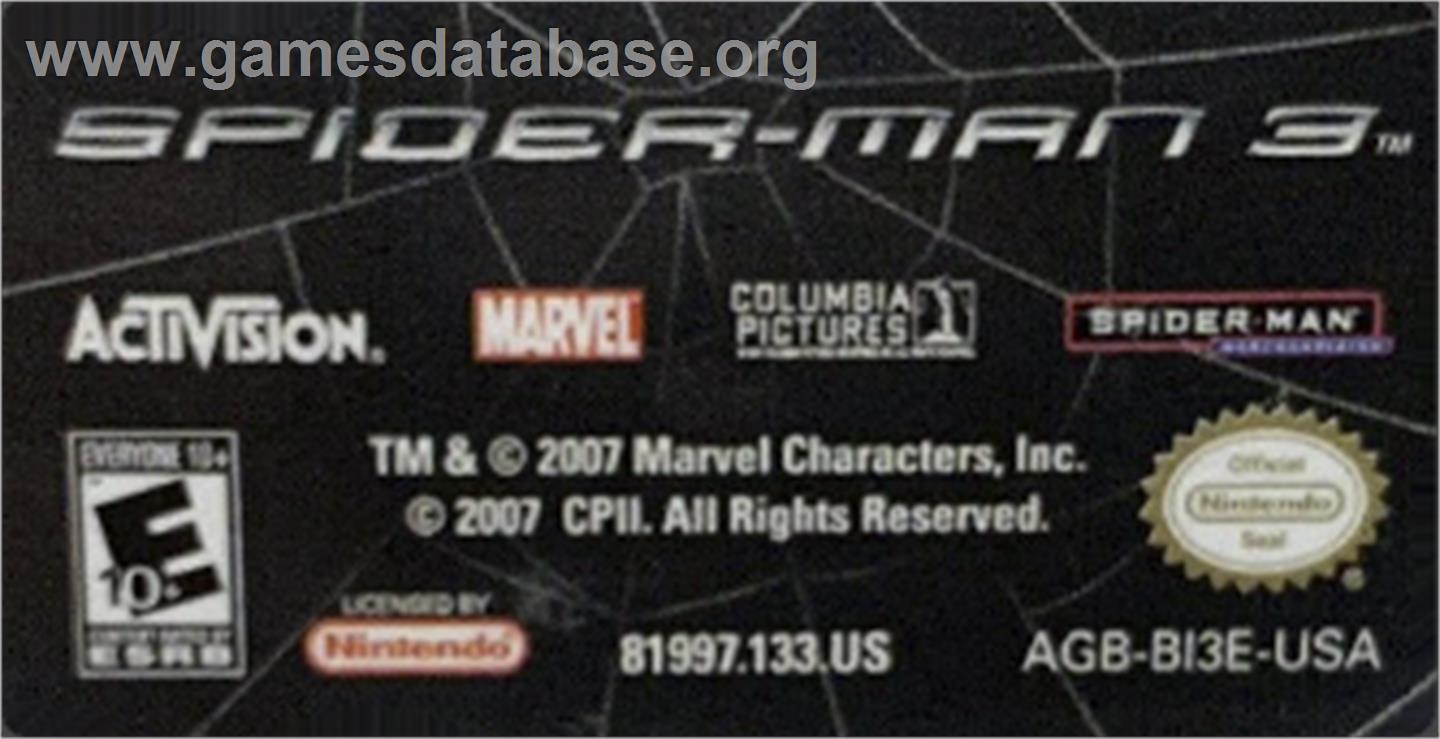 Spider-man 3 - Nintendo Game Boy Advance - Artwork - Cartridge Top