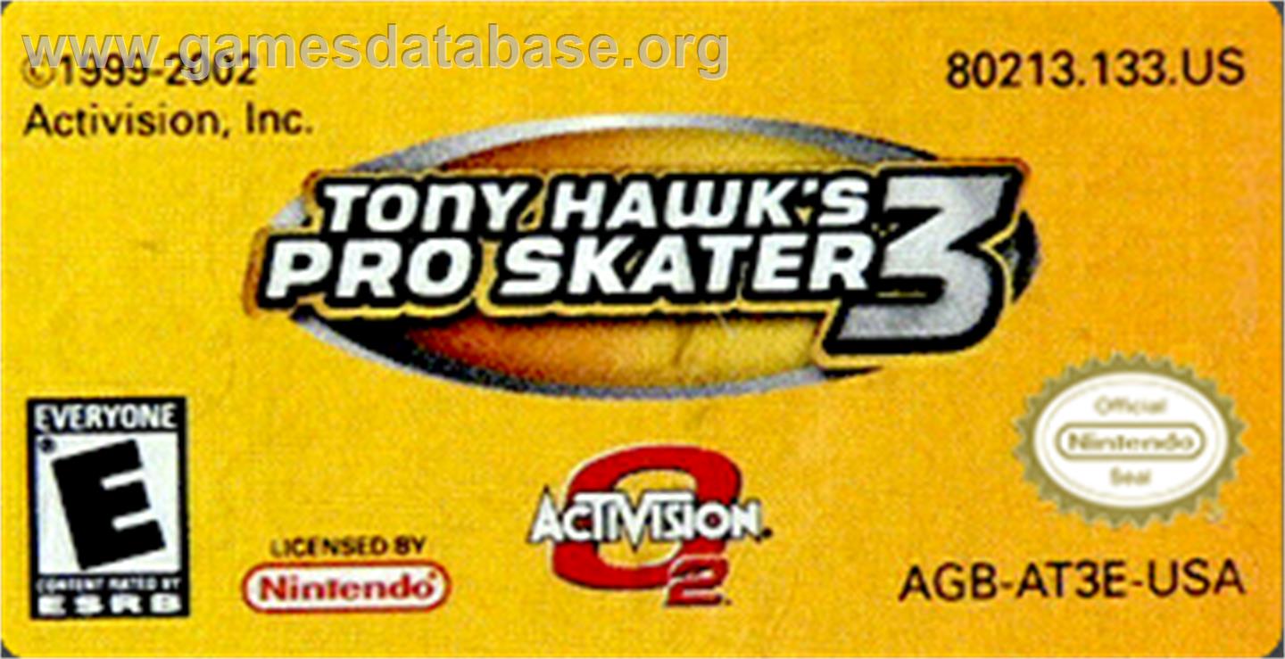 Tony Hawk's Pro Skater 3 - Nintendo Game Boy Advance - Artwork - Cartridge Top