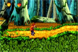 In game image of Crash Bandicoot: The Huge Adventure on the Nintendo Game Boy Advance.