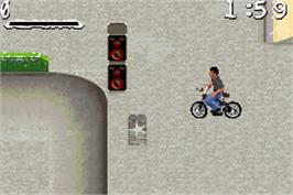 In game image of Mat Hoffman's Pro BMX 2 on the Nintendo Game Boy Advance.