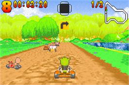 In game image of Shrek: Swamp Kart Speedway on the Nintendo Game Boy Advance.