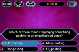 In game image of Who Wants To Be A Millionaire - 2nd Edition on the Nintendo Game Boy Advance.