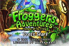 Title screen of Frogger's Adventures: Temple of the Frog on the Nintendo Game Boy Advance.