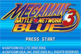Title screen of Mega Man Battle Network 3: Blue Version on the Nintendo Game Boy Advance.