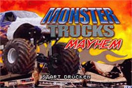 Title screen of Monster Trucks Mayhem on the Nintendo Game Boy Advance.