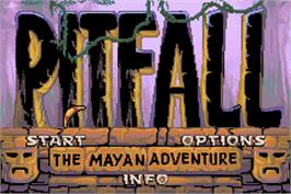 Title screen of Pitfall - The Mayan Adventure on the Nintendo Game Boy Advance.