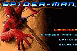 Title screen of Spider-Man: Mysterio's Menace on the Nintendo Game Boy Advance.