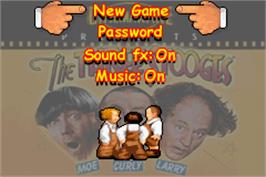 Title screen of Three Stooges, The on the Nintendo Game Boy Advance.