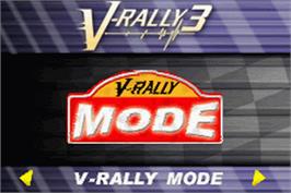 Title screen of V-rally 3 on the Nintendo Game Boy Advance.