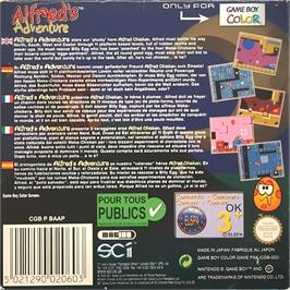 Box back cover for Alfred's Adventure on the Nintendo Game Boy Color.