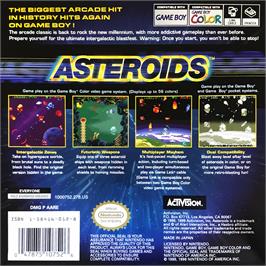 Box back cover for Asteroids on the Nintendo Game Boy Color.