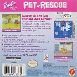 Box back cover for Barbie - Pet Rescue on the Nintendo Game Boy Color.