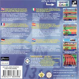 Box back cover for Carl Lewis Athletics 2000 on the Nintendo Game Boy Color.