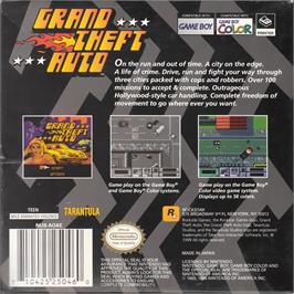 Box back cover for Grand Theft Auto on the Nintendo Game Boy Color.
