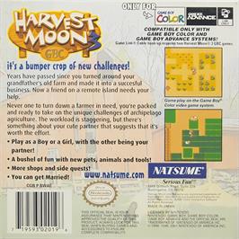 Box back cover for Harvest Moon 3 Gbc on the Nintendo Game Boy Color.