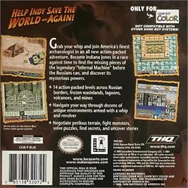 Box back cover for Indiana Jones And The Infernal Machine on the Nintendo Game Boy Color.