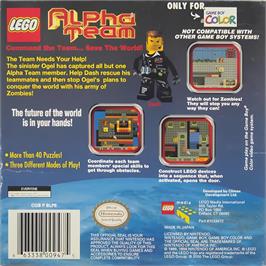 Box back cover for Lego Alpha Team on the Nintendo Game Boy Color.