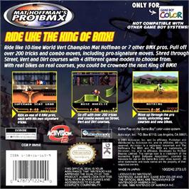 Box back cover for Mat Hoffman's Pro Bmx on the Nintendo Game Boy Color.