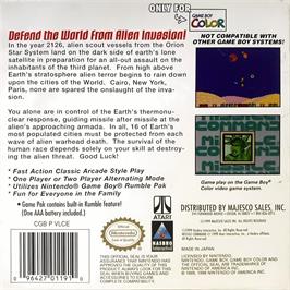 Box back cover for Missile Command on the Nintendo Game Boy Color.