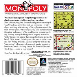 Box back cover for Monopoly on the Nintendo Game Boy Color.