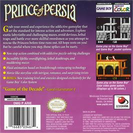 Box back cover for Prince Of Persia on the Nintendo Game Boy Color.