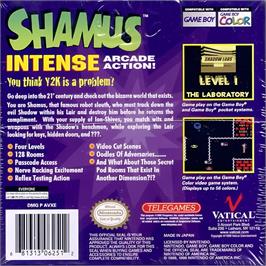 Box back cover for Shamus on the Nintendo Game Boy Color.