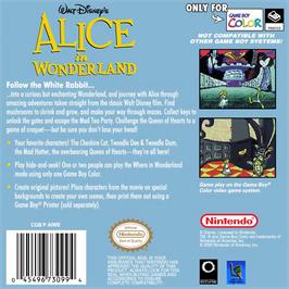 Box back cover for Walt Disney's Alice In Wonderland on the Nintendo Game Boy Color.