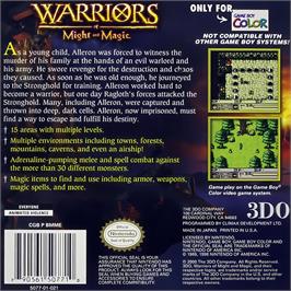 Box back cover for Warriors Of Might And Magic on the Nintendo Game Boy Color.