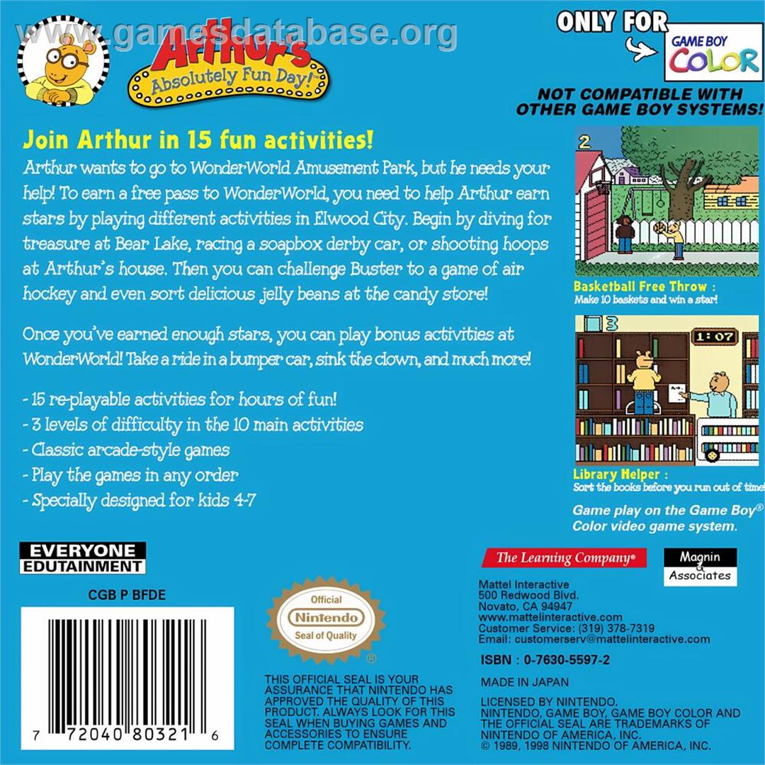 Arthur's Absolutely Fun Day! - Nintendo Game Boy Color - Artwork - Box Back
