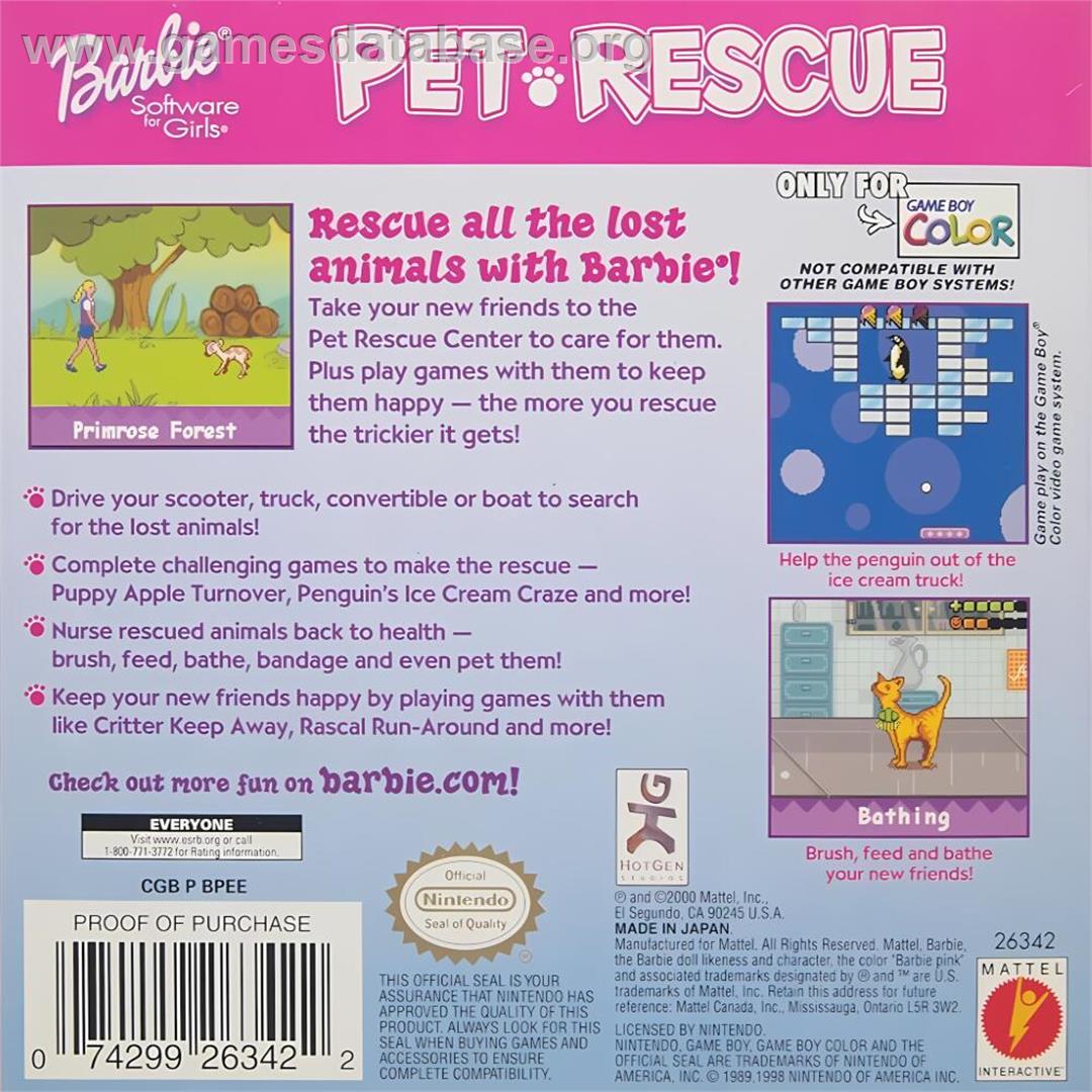 Barbie - Pet Rescue - Nintendo Game Boy Color - Artwork - Box Back