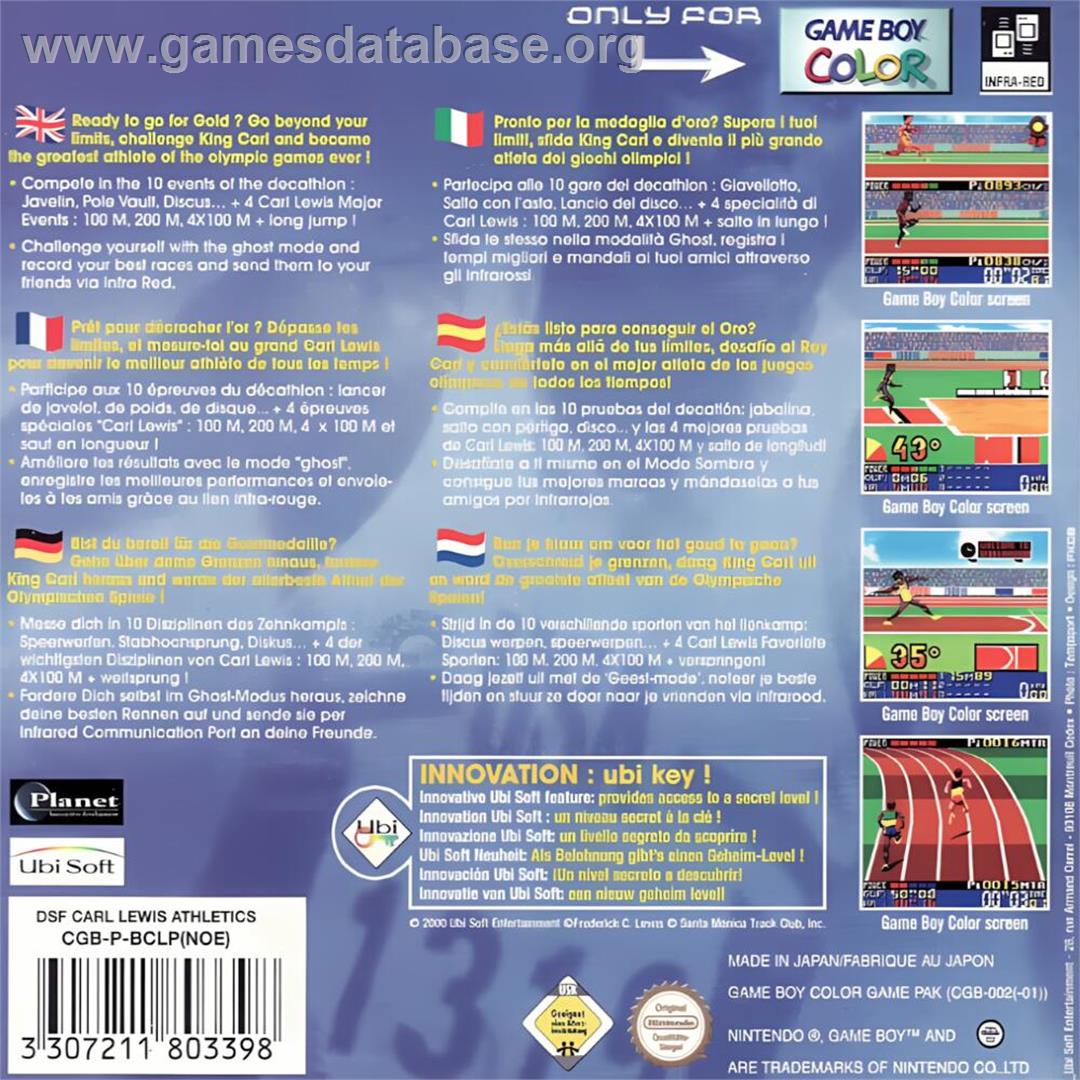 Carl Lewis Athletics 2000 - Nintendo Game Boy Color - Artwork - Box Back
