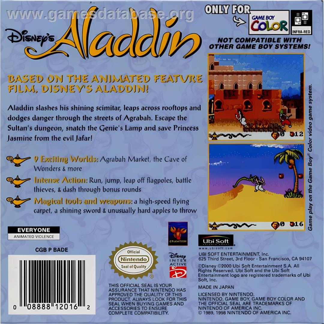 Disney's Aladdin - Nintendo Game Boy Color - Artwork - Box Back