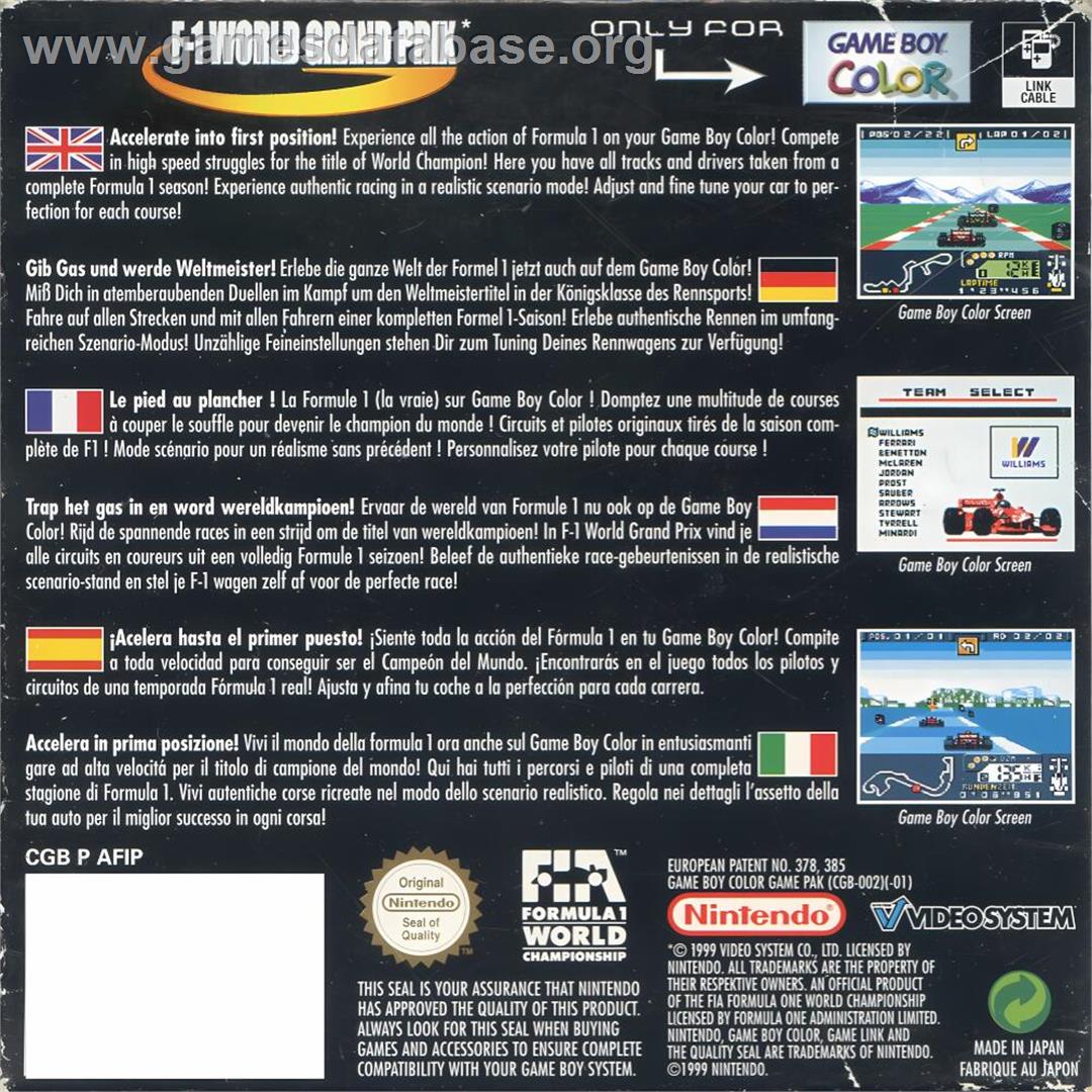 F-1 World Grand Prix - Nintendo Game Boy Color - Artwork - Box Back